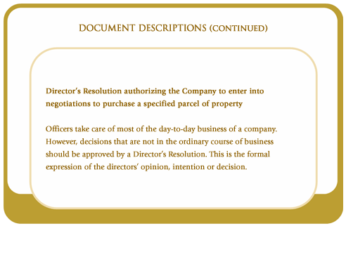 Director's resolution authorizing the company to enter into negotiations to purchase a specified parcel of property