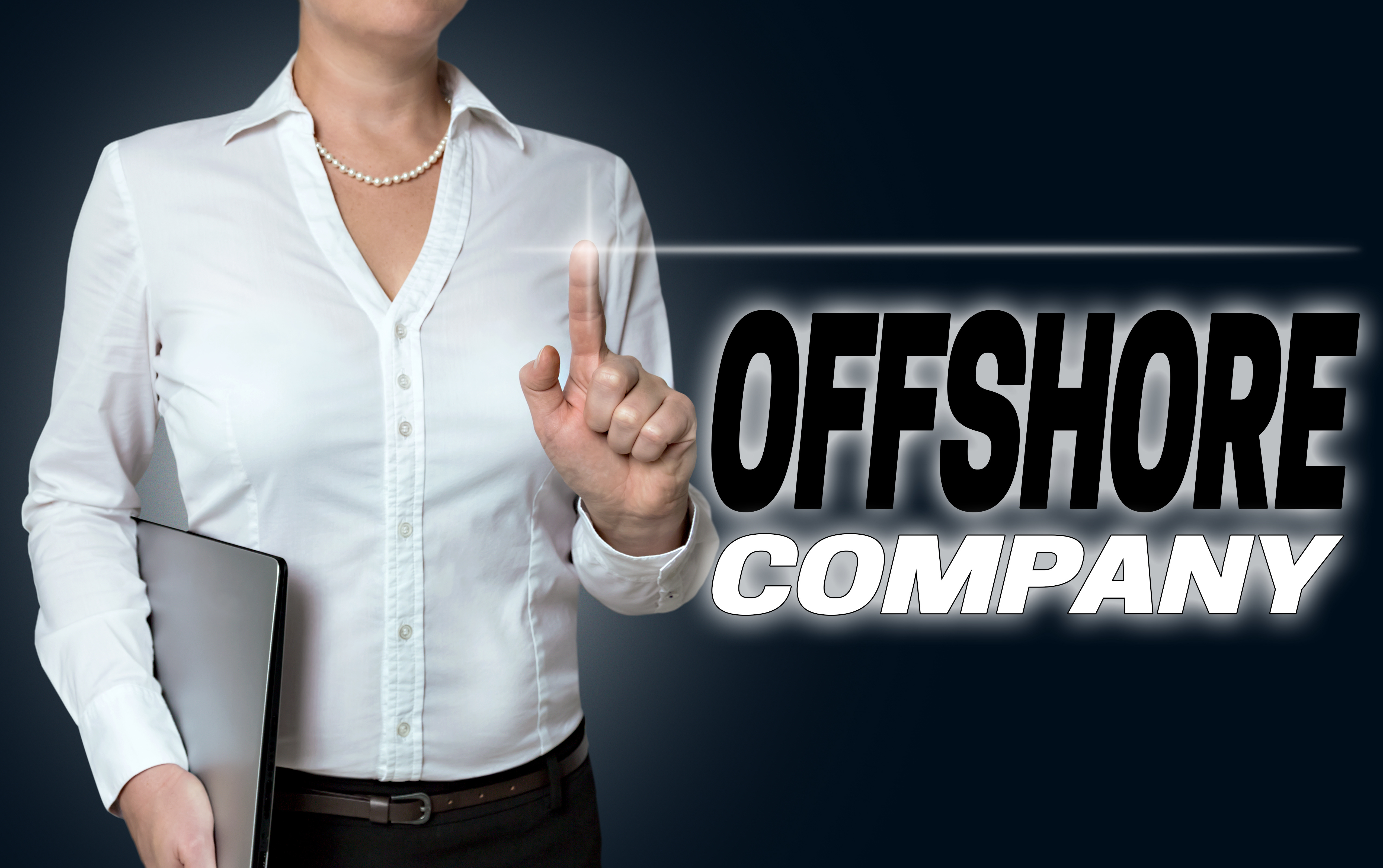 offshore company touchscreen is operated by businesswoman background