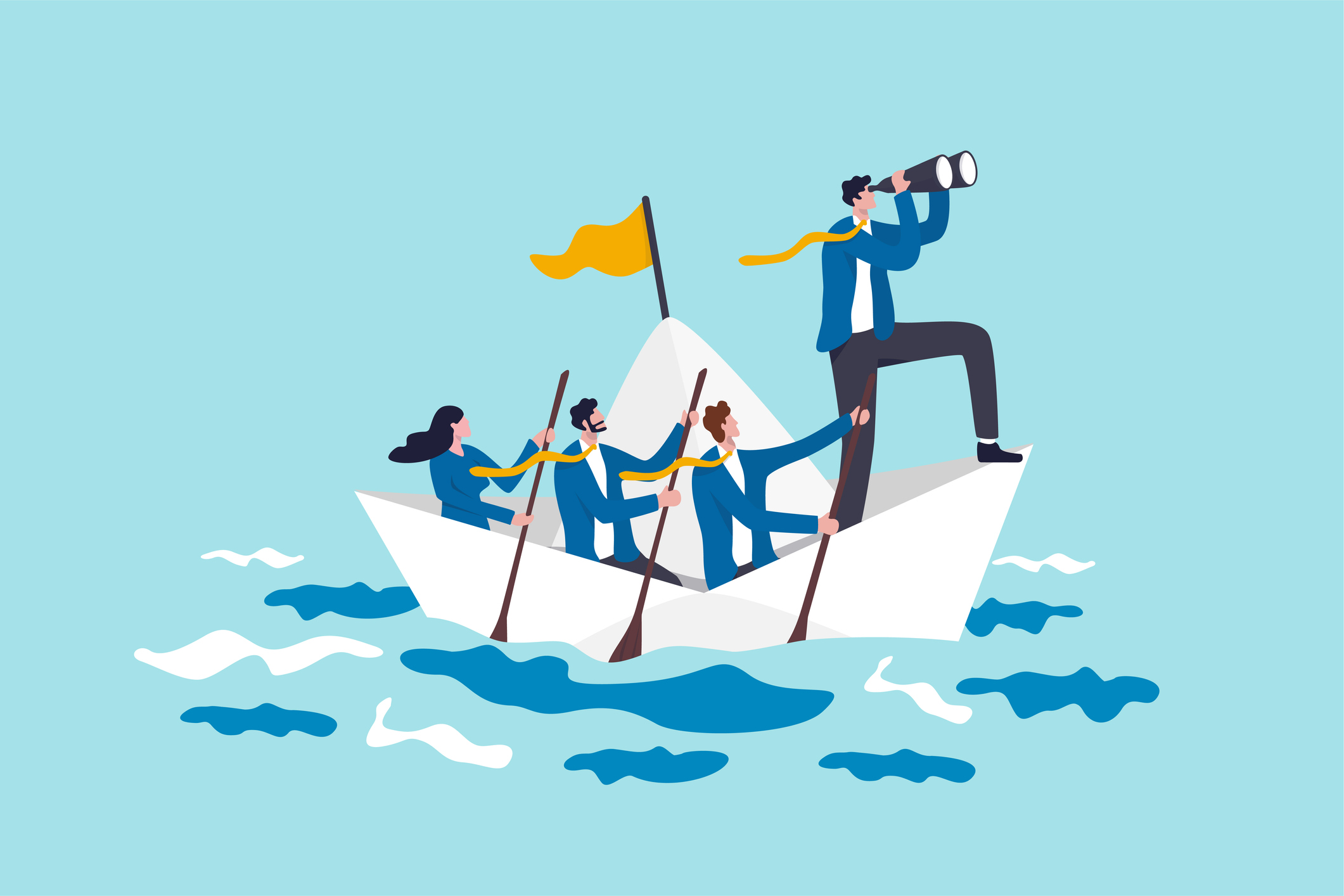 Leadership to lead business in crisis, teamwork or support to achieve target, vision or forward strategy for success concept, businessman leader with binoculars lead business team sailing origami ship